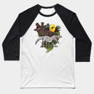 Amber Treasures: Rustic Illustration of T-Rex and Indominus Rex with the Famous Mosquito in Amber Baseball T-Shirt